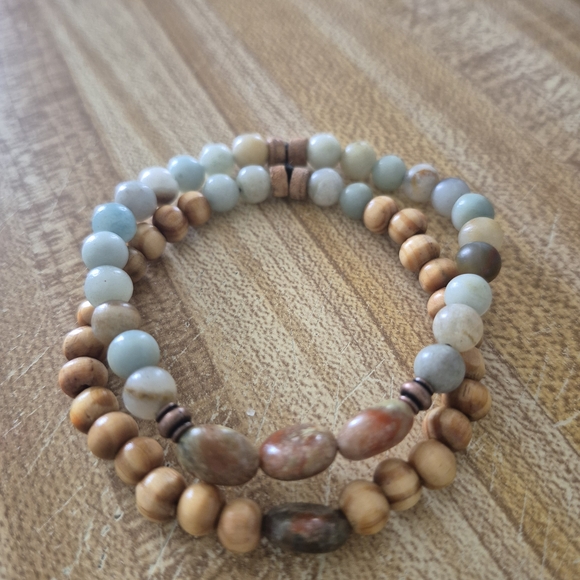 Jewelry - Handmade Set Of Natural Anicent Amazonite Stones  and Tibetan Braclet!